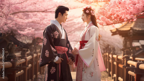 Couple in kimono with cherry blossom in spring time
