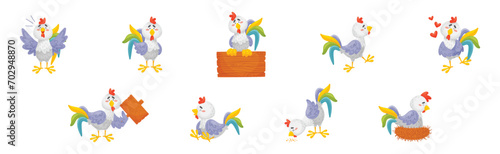 Funny Rooster or Cockerel Character in Different Pose Vector Set