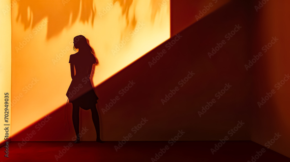 Woman standing in front of wall with her shadow on the wall.