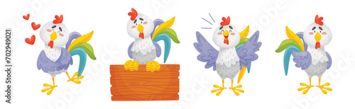 Funny Rooster or Cockerel Character in Different Pose Vector Set
