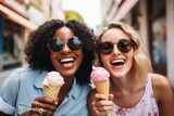 Teenage girls eating ice cream and laughing