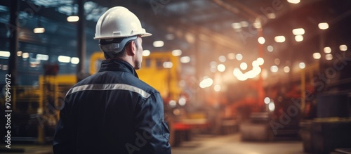 Factory manager or executive exemplify leadership as engineering inspection supervisor during visit to metalwork manufacturing factory, touring and inspecting heavy steel industrial machinery.