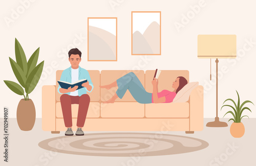A girl and a guy are reading on the sofa at home. Color vector graphics.