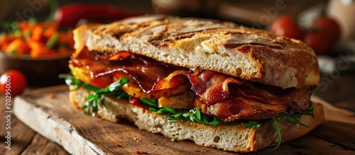 Bacon and veggies in a sandwich.