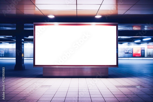 Horizontal white empty LED billboard mockup in a subway station. Metro station advertising banner display