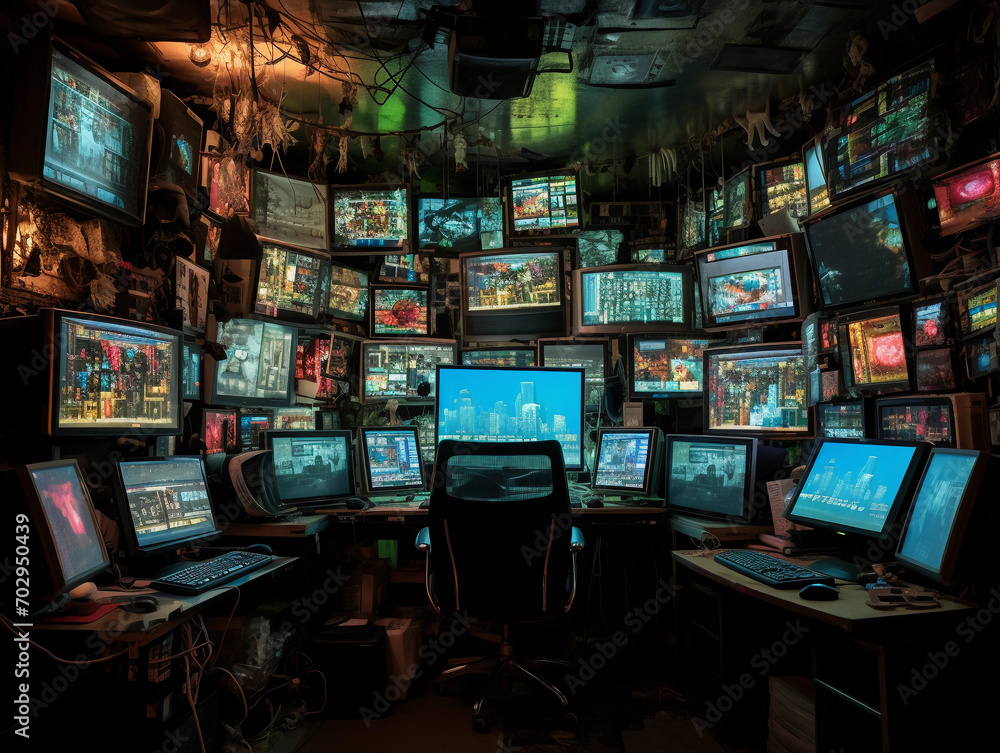 Room with multiple computer monitors and monitors on the wall and on the ceiling Room with multiple computer monitors and monitors on the wall and on the ceiling