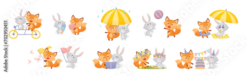 Lovely Little Fox and Bunny Cub Having Fun Together Vector Set
