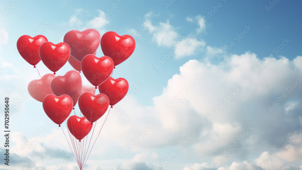 Floating red heart-shaped balloons against a serene sky. A symbol of love and celebration in the clouds. Floating red heart-shaped balloons against a serene sky. A symbol of love and celebration in the clouds.