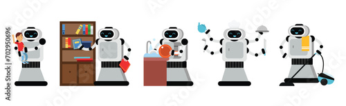 Robot Doing Housework Cleaning and Housekeeping Vector Set