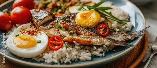 A popular Filipino dish with milkfish, egg, and garlic rice, suitable for any mealtime.