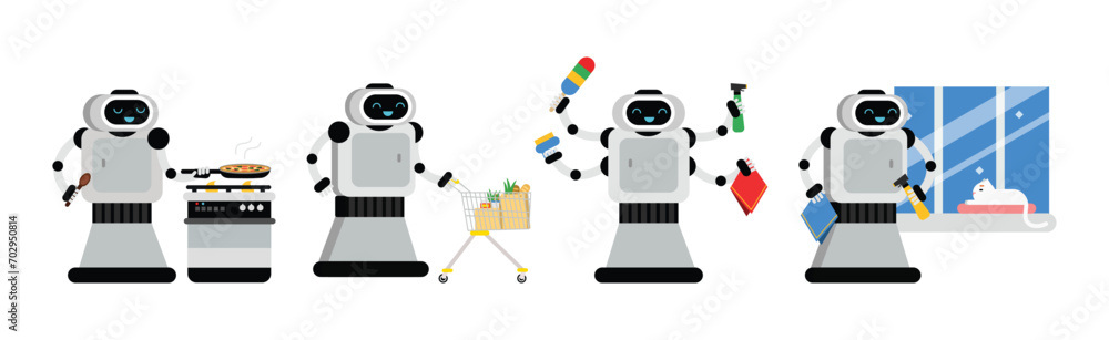 Robot Doing Housework Cleaning and Housekeeping Vector Set Robot Doing Housework Cleaning and Housekeeping Vector Set