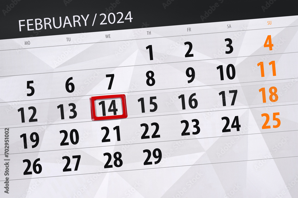 Fototapeta premium Calendar 2024, deadline, day, month, page, organizer, date, February, wednesday, number 14