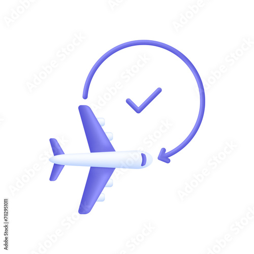 3D Plane is delayed illustration. Timer and air plane icon. Concept of information icon for airline or terminal board.