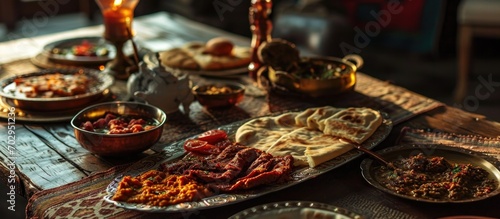 Turkish breakfast consists of assorted meats, borek, and spices, served in a rustic copper sahan.