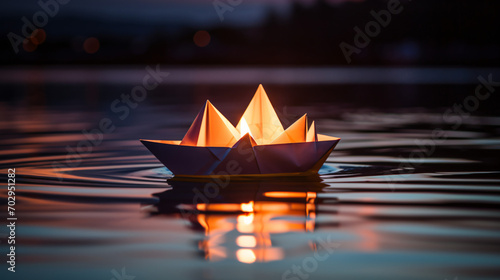 A candle in an origami boat. Paper origami sailboat