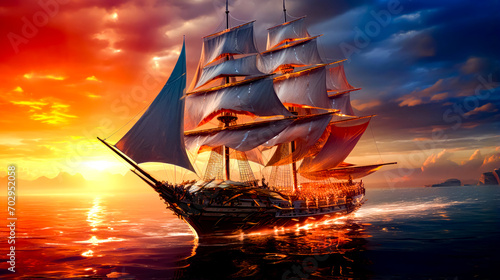 Leinwand Poster Sailing ship in the middle of the ocean with sunset in the background