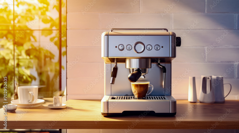 Coffee maker sitting on top of wooden table next to cup of coffee. Coffee maker sitting on top of wooden table next to cup of coffee.