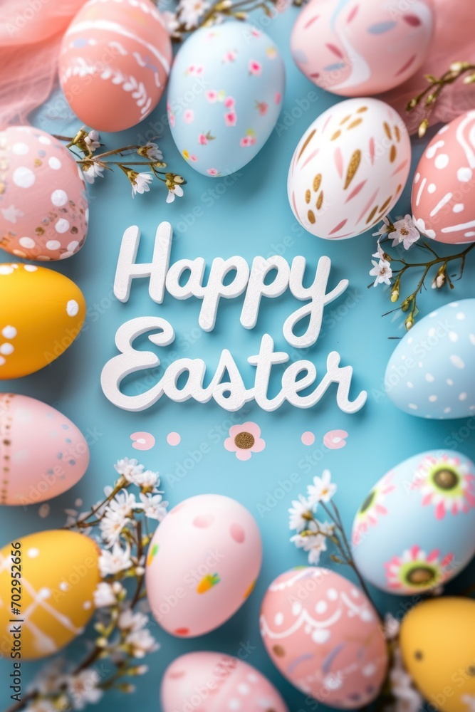 Easter eggs on a blue background with the text Happy Easter
