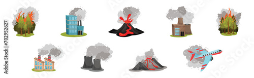 Air Pollution Sources with Industrial Fume and Toxic Waste Emission Vector Scene Set