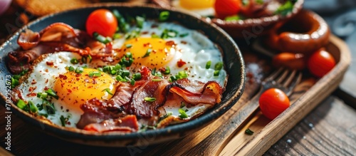 Thai breakfast called Kai Kata, consisting of fried eggs with ham, pork, spring onion, and Chinese sausages on a wooden tray.