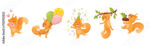 Cute Squirrel Character with Bushy Tail Engaged in Different Activity Vector Set