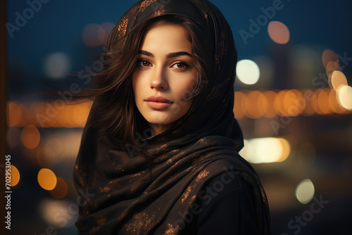 Close up Portrait of an Arab girl wearing a beautiful modern black hijab .February 1 is World Hijab Day photo