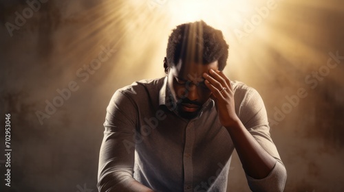 Closeup of adult Black man holding head in hands and struggling with depression