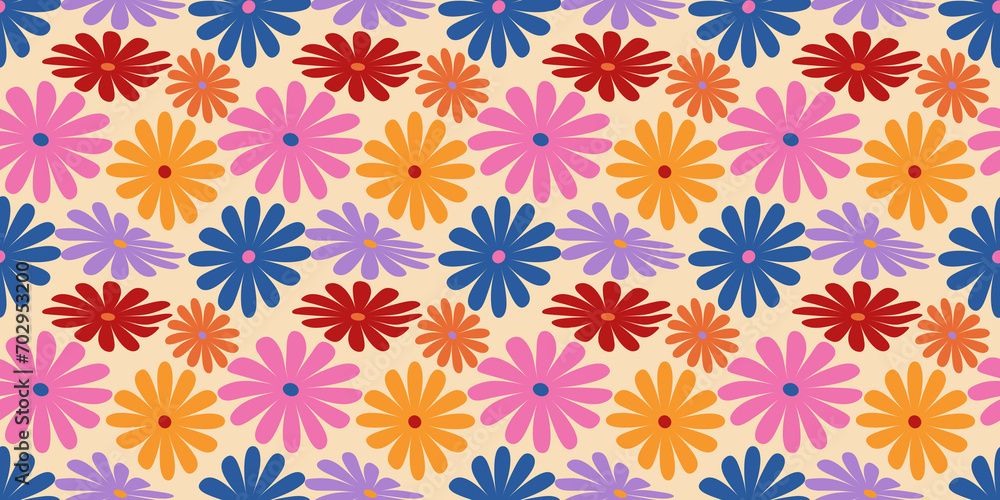 Groovy Daisy Flowers Seamless Pattern. Floral Vector Background in 1970s Hippie Retro Style for Print on Textile, Wrapping Paper, Web Design and Social Media Groovy Daisy Flowers Seamless Pattern. Floral Vector Background in 1970s Hippie Retro Style for Print on Textile, Wrapping Paper, Web Design and Social Media