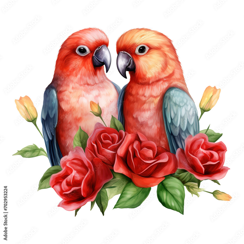 Lovebird sitting on a branch with roses. AI generated image