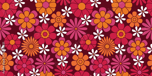 Colorful groovy floral seamless pattern. Hippie aesthetic. Funny multicolored print for fabric, paper, any surface design. Psychedelic wallpaper