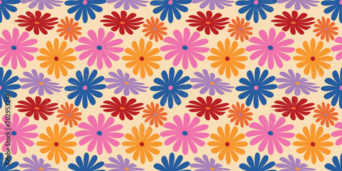 Groovy Daisy Flowers Seamless Pattern. Floral Vector Background in 1970s Hippie Retro Style for Print on Textile, Wrapping Paper, Web Design and Social Media