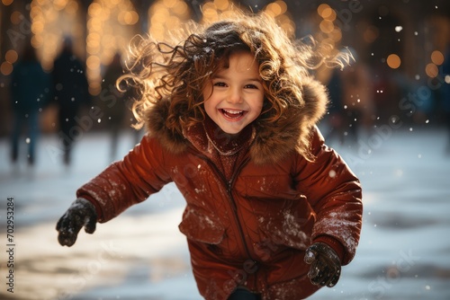 Beautiful little cute girl learn to skate on ice skating rink in park. Fall down and have fun. Stylish look, warm woolen coat, white hat, scarf, snood. Winter family activities, sport, games outdoors.