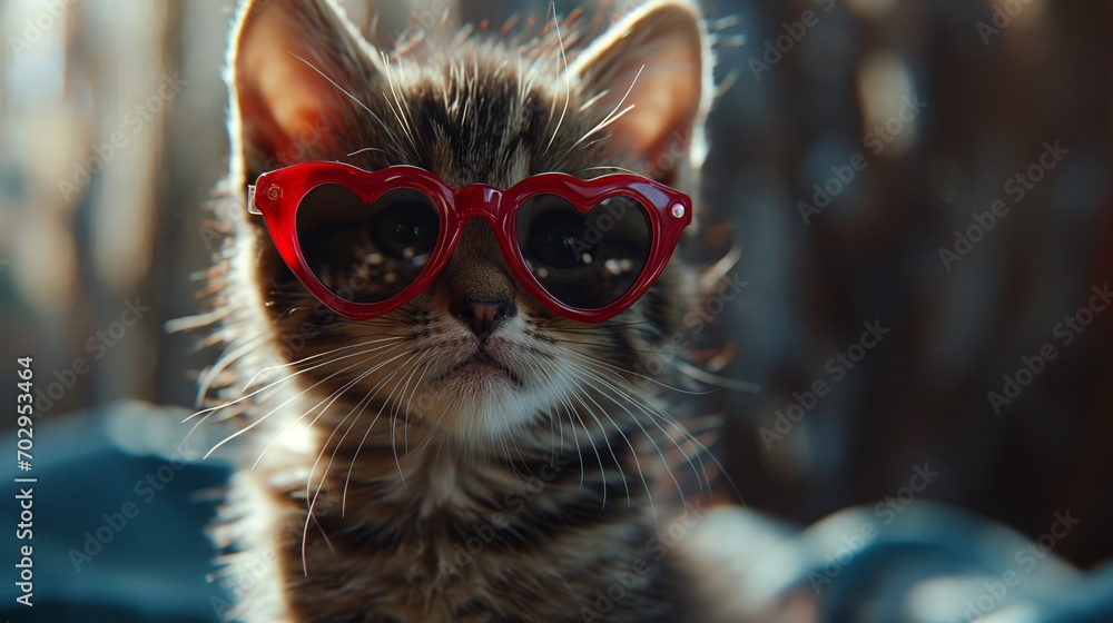 Cute kitten wearing heart shaped sunglasses