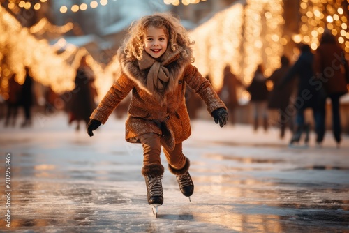 Beautiful little cute girl learn to skate on ice skating rink in park. Fall down and have fun. Stylish look, warm woolen coat, white hat, scarf, snood. Winter family activities, sport, games outdoors.