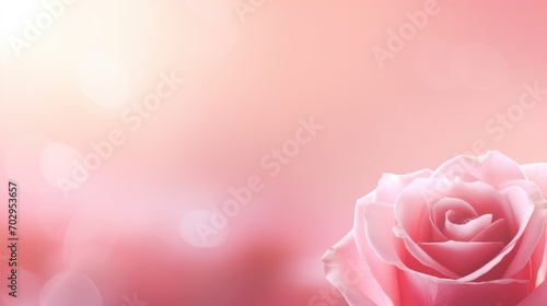 Pink rose set on a blurred and glowing background with copy space.