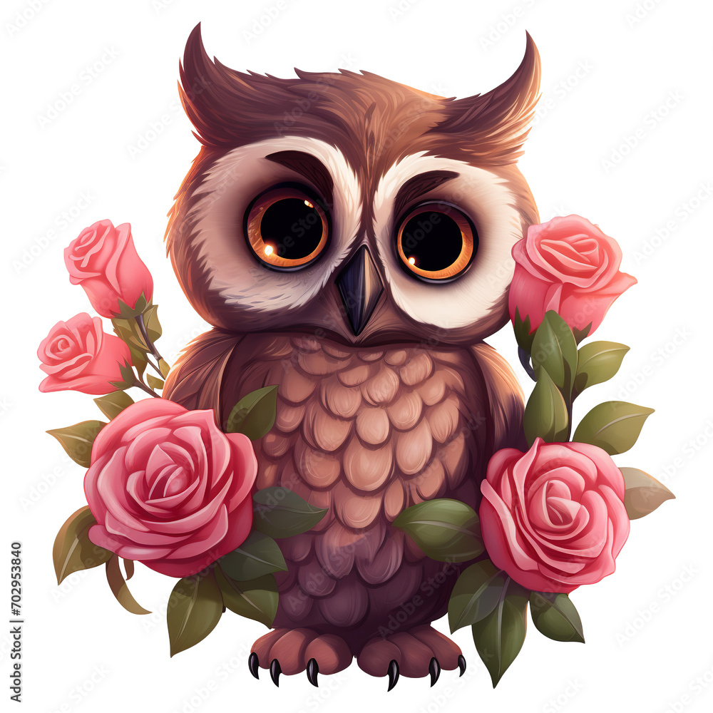 Cute owl with pink roses. AI generated image Cute owl with pink roses. AI generated image