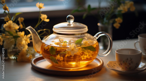 Freshly Brewed Tea in a Transparent Teapot with a Serene Background