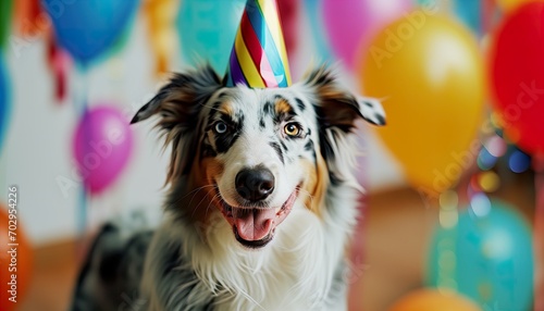 Funny merle Aussie Dog celebrating party birthday or carnival wearing party hat. Party animal concept. Australian shepherd at party wearing party striped hat. Colored vibrant party background