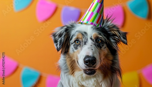 Funny blue merle Aussie Dog celebrating party birthday or carnival wearing party hat. Party animal concept. Australian shepherd at party wearing striped horn. Colored vibrant party background