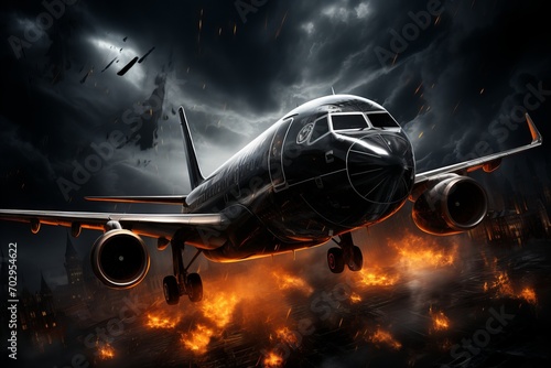 Wallpaper Mural Stormy Skies. Passenger Plane Soaring Through Thunder Clouds. Catastrophe. Burning ground. Lightning in the background. Torontodigital.ca