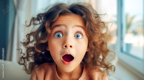  A child with curly hair and wide blue eyes shows a look of sheer amazement, her mouth open in a perfect 'o' of surprise photo