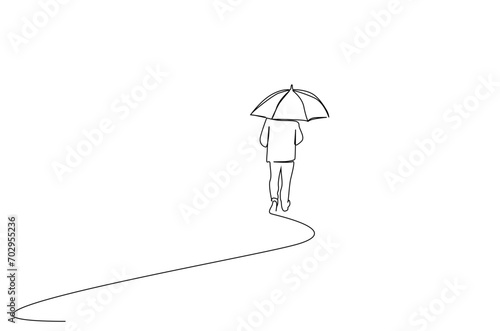 man mature alone umbrella outside walking away cold rain snow cold weather life one line art design