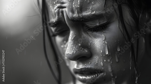 Black and White Image of a Woman Crying in the Rain