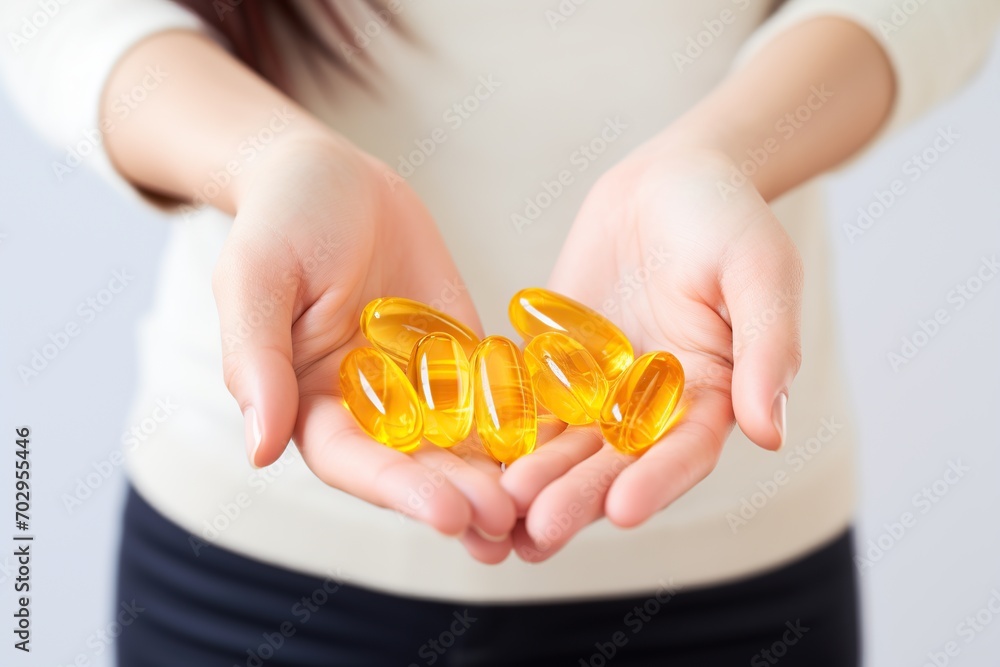 Obraz premium Female hands holding gelatin capsules of omega 3