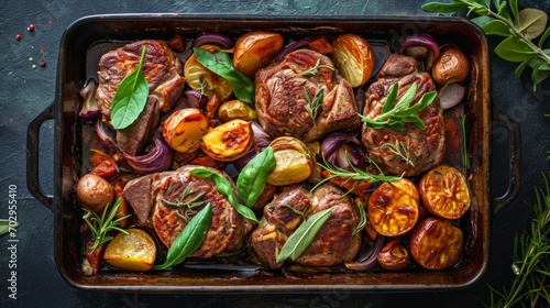 Roasted meat cut varied in baking tray with basil and rosemary, top view, flat lay. Delicious home cooking.
