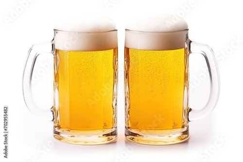 Glass mugs of beer on white background
