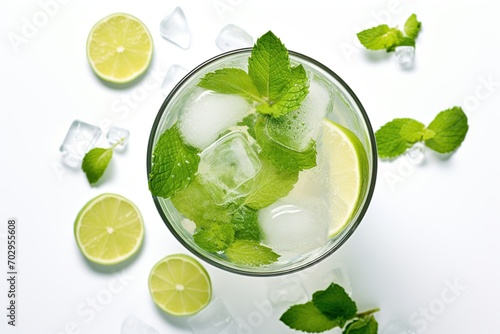 Flat lay of alcoholic mojito with ice and mint on white background