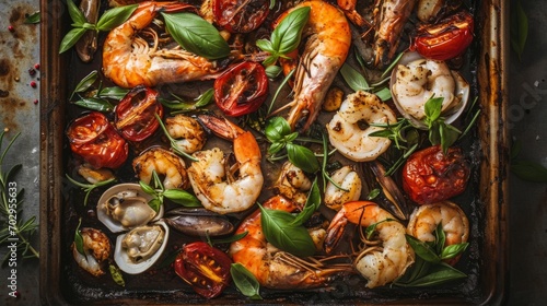 Roasted seafood cut varied in baking tray with basil and rosemary, top view, flat lay. Delicious home cooking. 