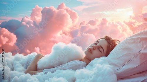 Generative AI, young woman are sleeping surrounded by fluffy cottony pink clouds in the sky photo