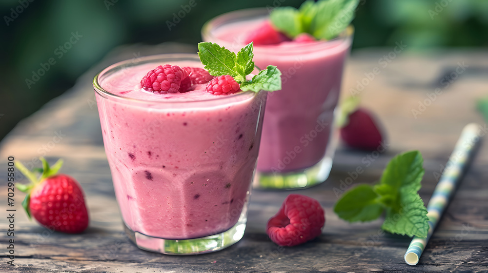 Fresh Raspberry Smoothie with Mint Garnish on Rustic Wooden Table Fresh Raspberry Smoothie with Mint Garnish on Rustic Wooden Table